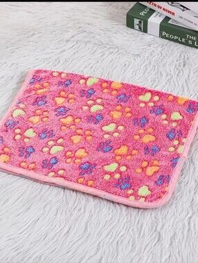 Plush Pet Blanket Pink with Multicolor Paw Prints, Size L